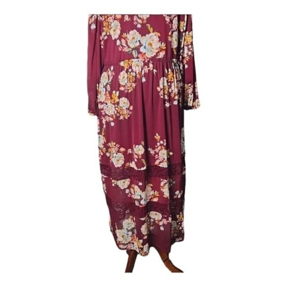 Burgundy Cherry Maroon Floral Fall Maxi Dress w/ Lace 3X Boho Chic Cottagecore - Picture 8 of 12